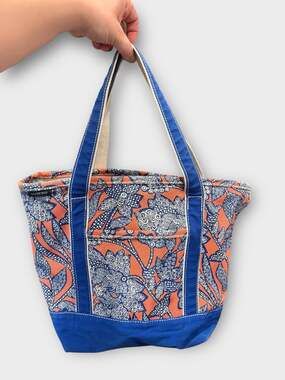 Lands' End Medium Canvas Tote Bag Orange and Blue Floral Pattern